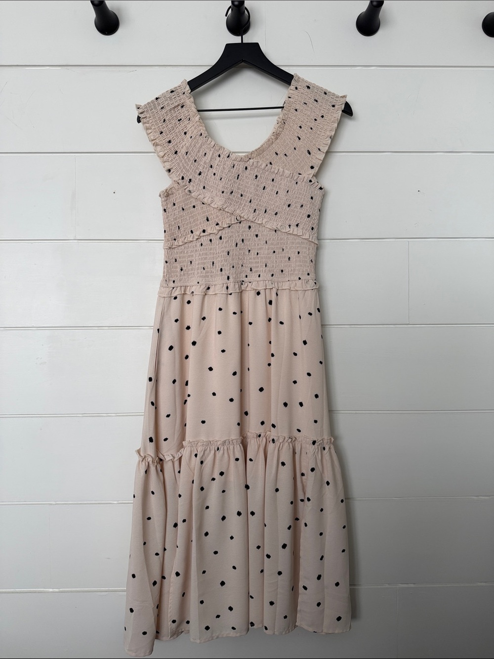 MELLODAY Blush Polka Dot Smocked Midi Dress